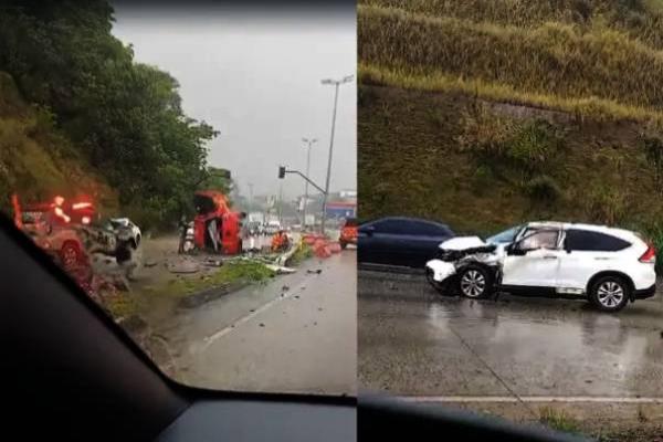 Picape invade contramão, atinge carros e capota na Via Expressa em BH